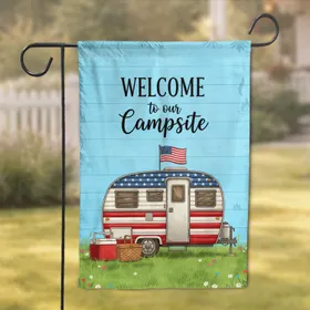Patriotic Vintage Travel Trailer Welcome Campsite - Outdoor Living Gift Garden Flag