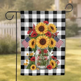 Welcome Sunflowers American Flag Mason Jar Buffalo Plaid - Farmhouse Decor Gift Garden Flag