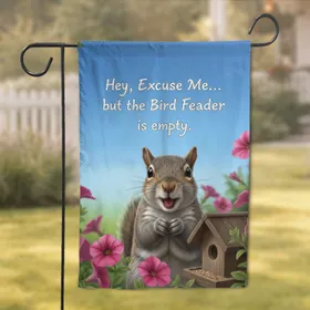 Smiling Squirrel Empty Bird Feeder Garden Petunias - Wildlife Lover Home Decor Gift Garden Flag