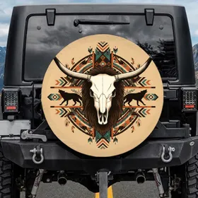 Longhorn Bull Skull Coyotes Southwestern Arrowheads - Wildlife Lover Gift Spare Tire Cover