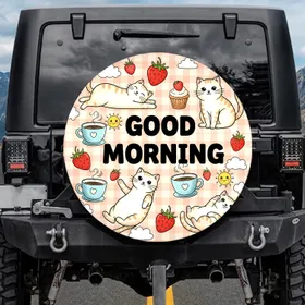 Cute Cartoon Cats Strawberries Coffee Cupcakes Suns 'GOOD MORNING' - Cat Lover Gift Spare Tire Cover