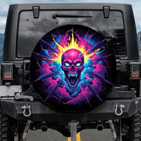 Screaming Skull Glowing Eyes Jagged Teeth Neon Energy Burst - Road Trip Accessory Gift Spare Tire Cover
