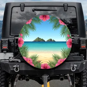 Tropical Beach Hibiscus Palm Fronds Ocean Vista - Beach Vacation Travel Essentials Spare Tire Cover