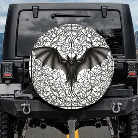 Winged Bat Stained Glass Floral Mosaic - Gothic Home Decor Gift for Bat Lovers Spare Tire Cover