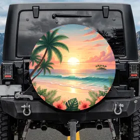 Tropical Beach Sunset Palm Trees Hibiscus Ocean - Home Decor Gift Spare Tire Cover