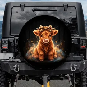 Baby Highland Calf Leopard Bow - Farmhouse Home Decor Gift for Cow Lover Spare Tire Cover