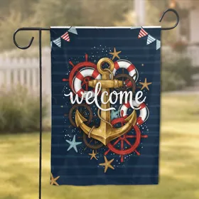 Welcome Anchor Ship Wheel Starfish - Coastal Home Decor Gift for Boating Lover Garden Flag