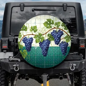 Lush Blue Grapes Verdant Grapevines Aged Tiled Wall - Garden Decor Gift Spare Tire Cover