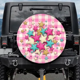 Multi-Colored Glittery Iridescent Stars Pink Cream Gingham - Vehicle Accent Gift Spare Tire Cover