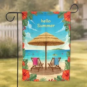 Hello Summer Beach Umbrella Lounge Chairs Tropical Hibiscus - Summer Decor Gift Garden Flag