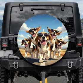 Five Beagles Black Sunglasses Blue Sky Road Trip - Dog Lover Travel Gift Spare Tire Cover