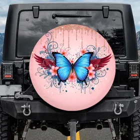 Blue Morpho Butterfly Pink Plumeria Red Feathers Foliage - Nature Lover Gift Spare Tire Cover