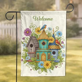 Birdhouses Birds Welcome Floral - Home Decor Gift for Bird Lover Garden Flag