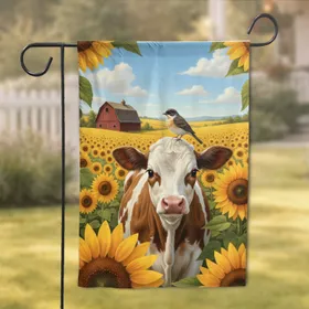 Baby Calf Songbird Sunflowers Barn - Farmhouse Home Decor Gift for Cow Lover Garden Flag