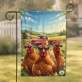 Chickens Sunglasses Vintage Pickup Truck Barn Hills Meadow Wildflowers - Farmhouse Decor Gift Garden Flag