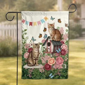Tabby Cats Birdhouse Garden Roses Butterflies Bunting - Cat Lover Home Decor Gift Garden Flag
