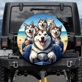 Five Husky Dogs Beach Ocean Ride - Dog Lover Travel Essentials Spare Tire Cover