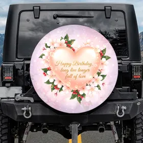 Glowing Peach Heart Happy Birthday Cherry Blossoms - Celebration Gift Spare Tire Cover
