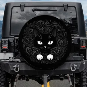 Black Cat Face White Eyes Paws - Cat Lover Gift Spare Tire Cover