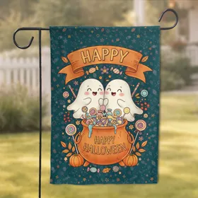 Friendly Cartoon Ghosts Cauldron Candy Pumpkin - Happy Halloween Holiday Decor Garden Flag