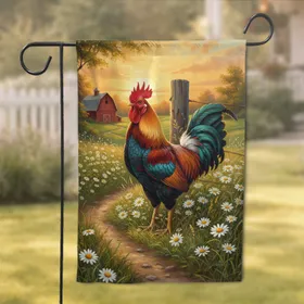 Majestic Plumed Rooster Wild Daisy Barn Sunset Countryside Landscape - Farmhouse Decor Gift Garden Flag