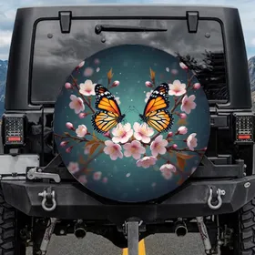 Monarch Butterflies Cherry Blossom Flowers - Nature Lover Outdoor Decor Gift Spare Tire Cover