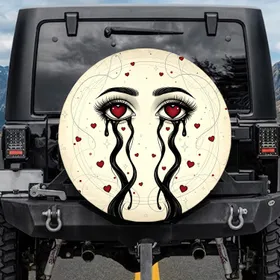 Human Eyes Ruby Heart Pupils Black Tears Swirls Sparkles Eyelashes - Art Lover Gift Spare Tire Cover