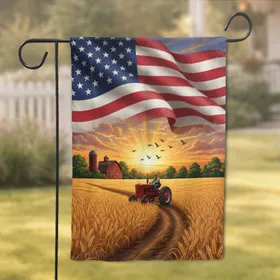 Patriotic American Flag Barn Tractor Wheat Field Sunset Rural Farmhouse Decor Garden Flag
