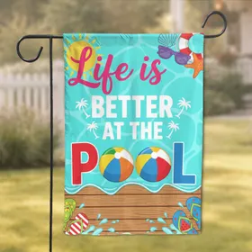 Life is BETTER AT THE POOL Beach Balls Flip Flops Summer Scene - Summer Home Decor Garden Flag