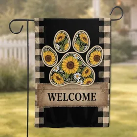 Paw Print Sunflower Welcome Burlap - Rustic Farmhouse Home Decor Gift Garden Flag