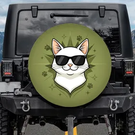 White Cat Black Sunglasses Paw Prints - Cat Lover Driver Gift Spare Tire Cover