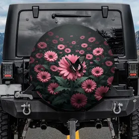 Prominent Black Butterfly Pink Daisy Bloom Leafy Greens - Lush Floral Wildlife Lover Gift Spare Tire Cover