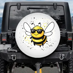 Smiling Cartoon Bee Sunglasses Honeycomb - Everyday Bee Lover Gift Spare Tire Cover