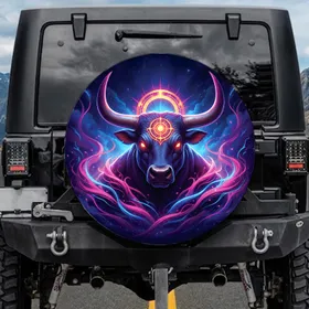 Bull Head Strong Horns Celestial Disc Cosmic Nebula - Wildlife Lover Gift Spare Tire Cover