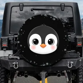 Cartoon Penguin Face Massive Eyes Snowflakes - Ice Crystals Arctic Wildlife Lover Gift Spare Tire Cover