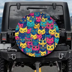 Dense Vibrant Cartoon Cat Faces - Cat Lover Everyday Gift Spare Tire Cover