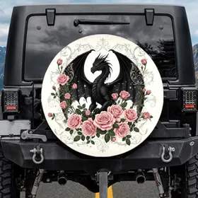 Black Dragon Pink Roses Gothic Fantasy - Dark Mystical Dragon Lover Gift Spare Tire Cover