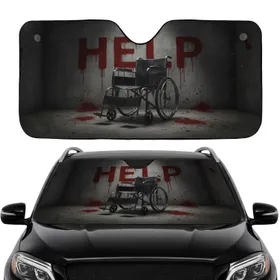 Menacing Black Wheelchair HELP Blood Splatter - Car Interior Upgrade Car Sunshade