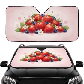 Ripe Strawberries Blue Blueberries White Flowers Green Leaves Pastel Pink - Car Interior Upgrade Car Sunshade