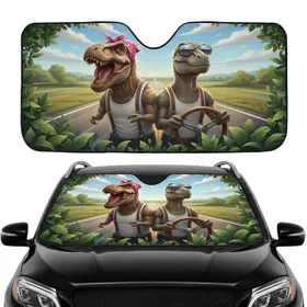 Anthropomorphic Dinosaurs Driving Highway Road Trip Gift for Dinosaur Lover Car Sunshade