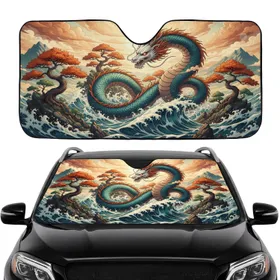 Asian Dragon Ocean Waves Gnarled Trees Mountain Landscape Car Interior Accessory for Daily Commute Car Sunshade