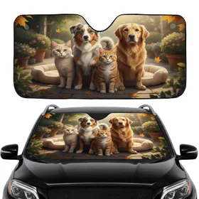 Golden Retriever Australian Shepherd Cat Group Autumn Leaves Car Interior Upgrade Car Sunshade