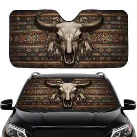 Bull Skull Southwestern Tribal Horse Feather Chevrons Diamond - Road Trip Gift Car Sunshade