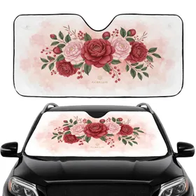 Red Pink Camellias Peonies Floral Arrangement with Green Foliage - Car Interior Upgrade Car Sunshade