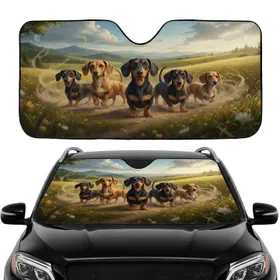 Five Realistic Dachshunds Adventure Landscape - Car Interior Upgrade Dog Owner Gift Car Sunshade