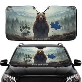 Majestic Brown Bear Paw Print Blue Maple Leaf Canadian Wilderness - Car Interior Upgrade Car Sunshade