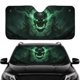 Menacing Cracked Skull Spectral Green Flames Ancient Realm - Essential Car Interior Upgrade Car Sunshade