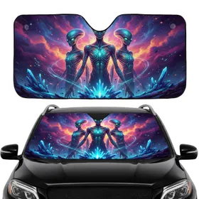 Luminous Alien Figures Cosmic Nebula Sparkling Stars - Car Interior Upgrade Car Sunshade