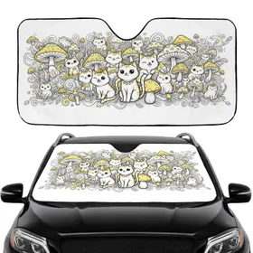 Cartoon Cats Mushrooms Foliage Field - Cat Lover Road Trip Car Interior Upgrade Car Sunshade