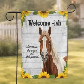 Brown Horse Sunflower Welcome-ish - Distressed Wood Farmhouse Home Decor Garden Flag